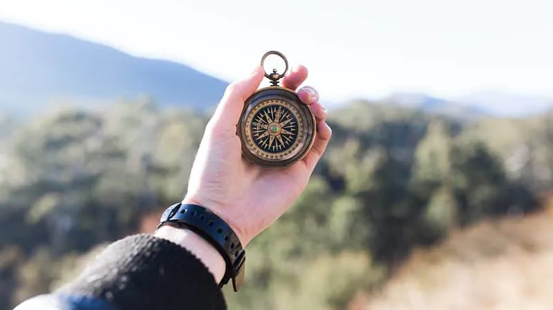 A person holds a brass compass outdoors with a blurred landscape of trees and mountains in the background, reminiscent of navigating through the complexities of a benchmarking study on transfer pricing.