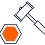 A blue outline of a gavel beside a blue-bordered hexagon with an orange center, symbolizing the authority and precision of transfer pricing advisors.