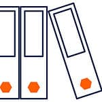 Three upright file binders with orange hexagonal labels on their spines; the third binder, possibly containing essential documents from transfer pricing advisors, is tilted to the right.