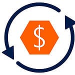 Icon of an orange hexagon with a white dollar sign in the center, encircled by two blue arrows forming a loop, symbolizing the expertise of transfer pricing advisors.