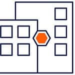 Simple line illustration of two connected buildings with square windows, representing the precision of transfer pricing advisors, and a small orange hexagon at the connection point.