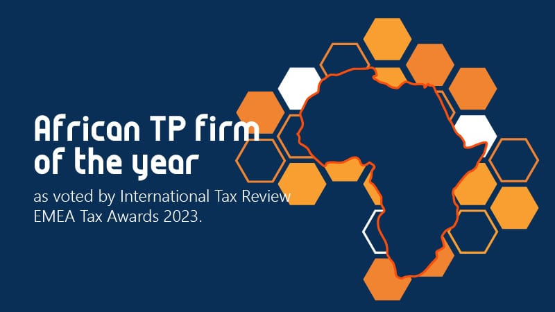 African Transfer Pricing Firm of the Year 2023," awarded by International Tax Review, highlighted on a graphic featuring an outline of Africa with hexagonal patterns.