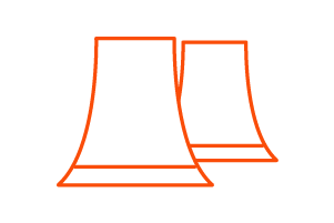 A simple orange line drawing of two cooling towers, commonly associated with power plants and often relevant in discussions on transfer pricing, on a plain white background.