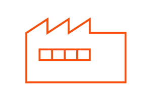 Simple orange outline of a factory building with a sawtooth roof and four rectangular windows, representing concepts such as country by country reporting, on a light gray background.