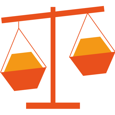 An illustration of an unbalanced orange scale, symbolizing transfer pricing, with one side higher than the other and each side holding an orange object.
